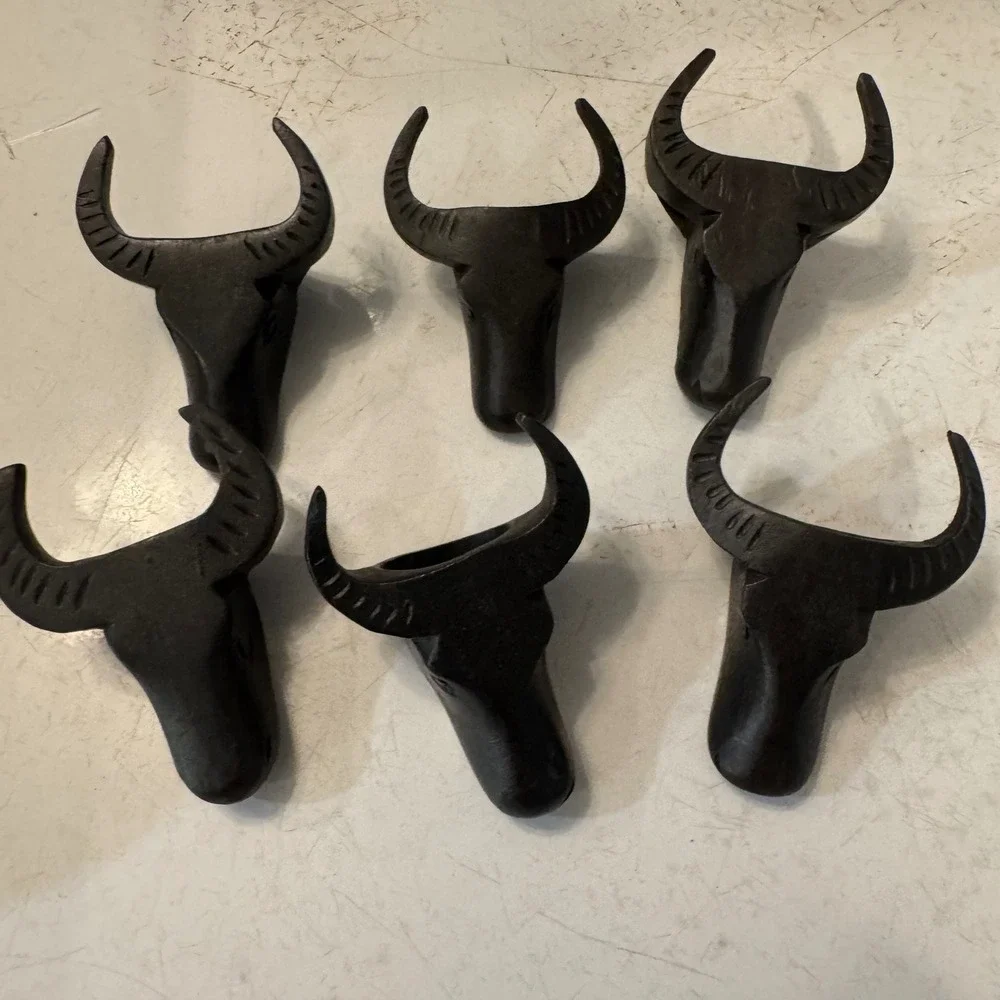 Napkin Rings Set of 6 Dark Brown Wood Hand Carved Bull Head Rustic Southwestern